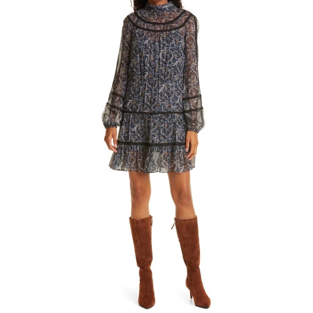 NWT VERONICA BEARD RAHLA FLORAL LACE TRIM LONG SLEEVE SILK DRESS 4 BLACK MULTI - Picture 1 of 8